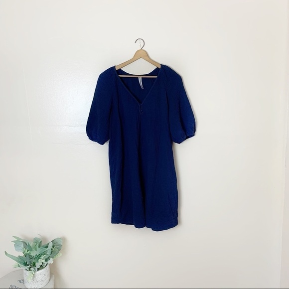 [Anthropologie] Navy Blue Puff Sleeve Brushed Cotton Short Sleeve Dress - Picture 1 of 9